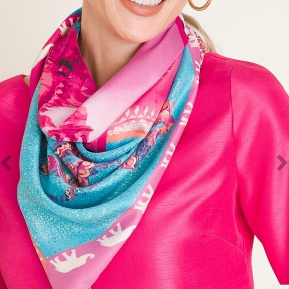 Chico's Pink & Blue Patchwork-Print Oversized Square Scarf 42" x 42" - Picture 2 of 11